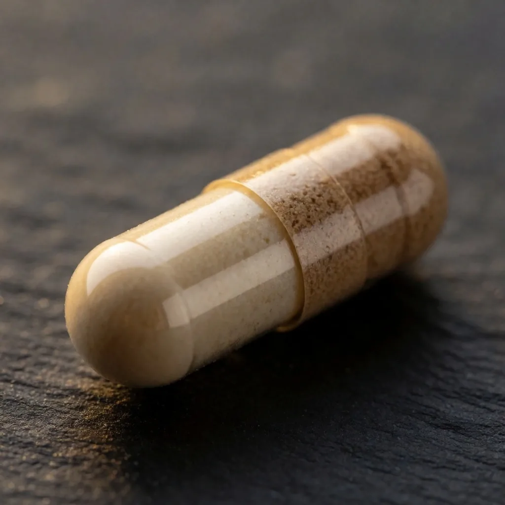 A single supplement capsule on a dark surface